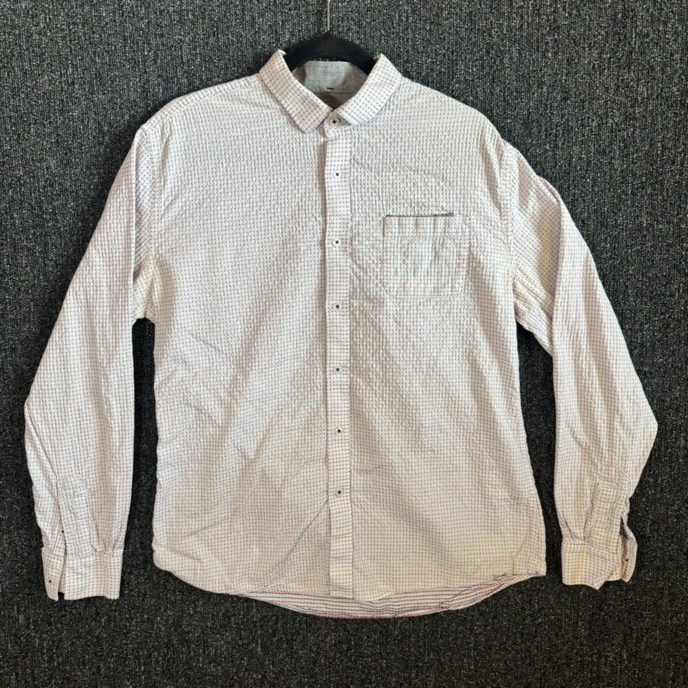 Impatient Wolves Men's Sz Large Seersucker Button Up Shirt White Blue Red Stripe
